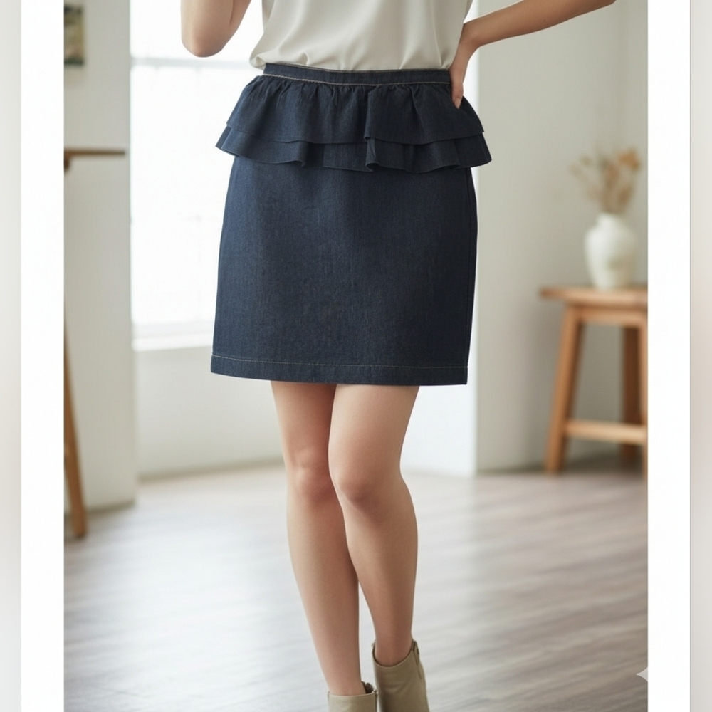 Bisou Bisou Dark Blue Denim Peplum Ruffle Mini Skirt Size 10